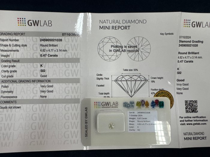 Ingen mindstepris - 1 pcs Diamant  (Natur)  - 0.47 ct - Rund - K - SI2 - Gemewizard Gemological Laboratory (GWLab)