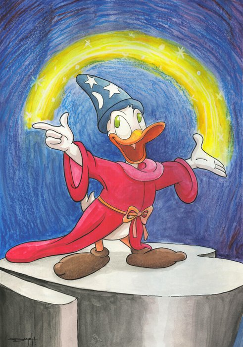 Jordi Juan Pujol - Donald Duck as The Sorcerer's Apprentice - Original Hand-Signed Watercolor