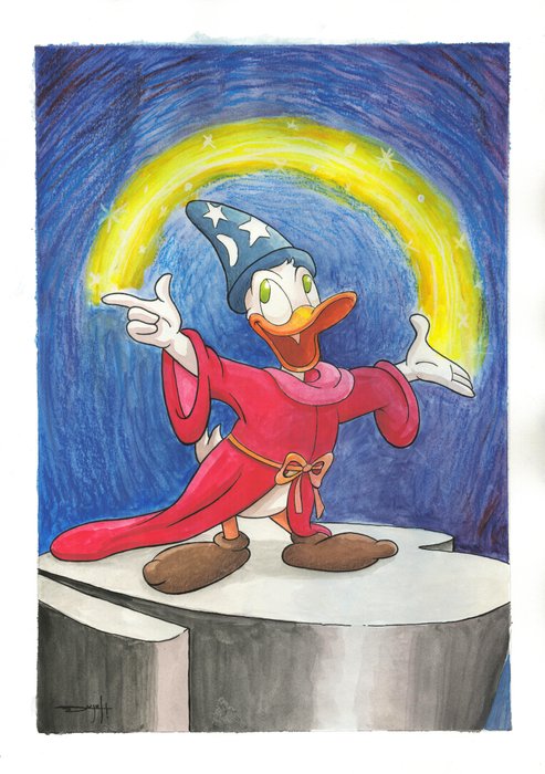 Jordi Juan Pujol - Donald Duck as The Sorcerer's Apprentice - Original Hand-Signed Watercolor