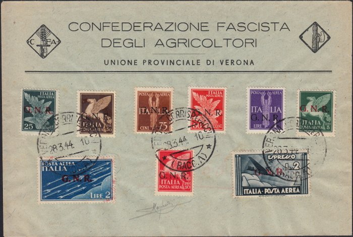 Italien Kongerige 1944 - Kingdom Air Mail overtrykte G.N.R. Verona udgave, cpl. brugt - Sassone R.S.I. n. 117/125