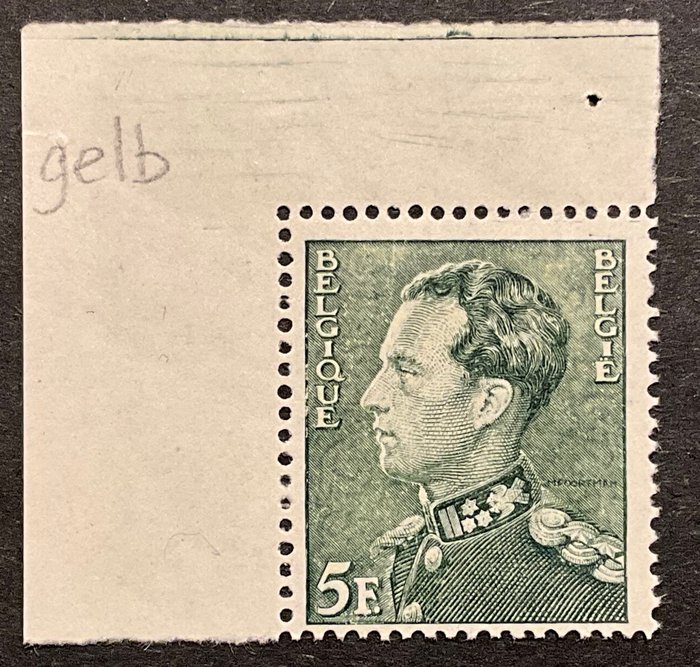 Belgien 1936 - Poortman 5 fr nuance GUL grøn - MEST FRISK - OBP 433b