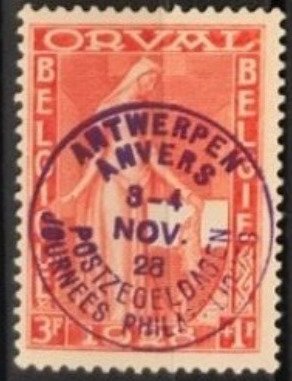 Belgien 1928 - Første Orval med påtryk Frimærkedage Antwerpen: 3F Orange - OBP / COB 266G