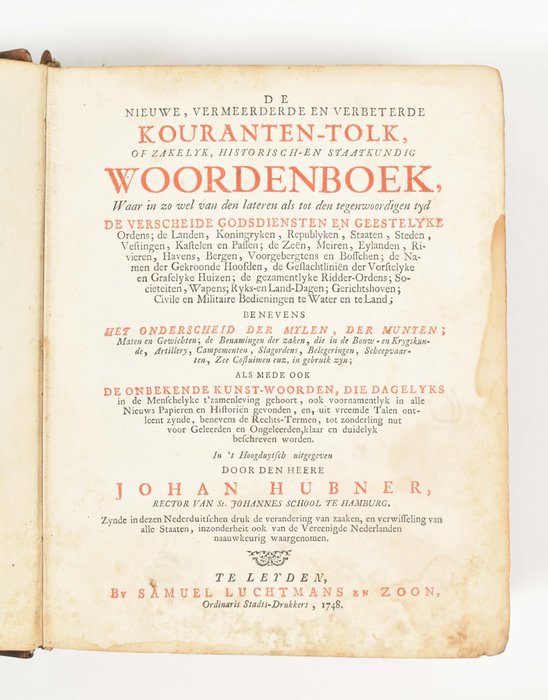 [Dictionary] Johan Hubner - De nieuwe, vermeerderde en verbeterde kouranten-tolk - 1748