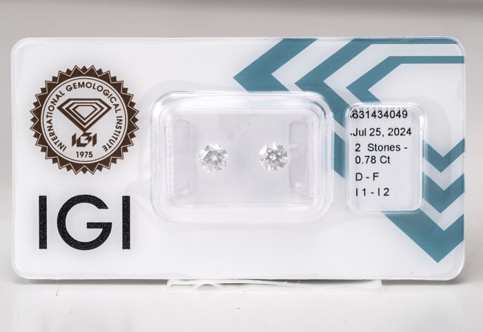 2 pcs Diamant  (Natur)  - 0.78 ct - Rund - D (farveløs), F - I1, I2 - International Gemological Institute (IGI)