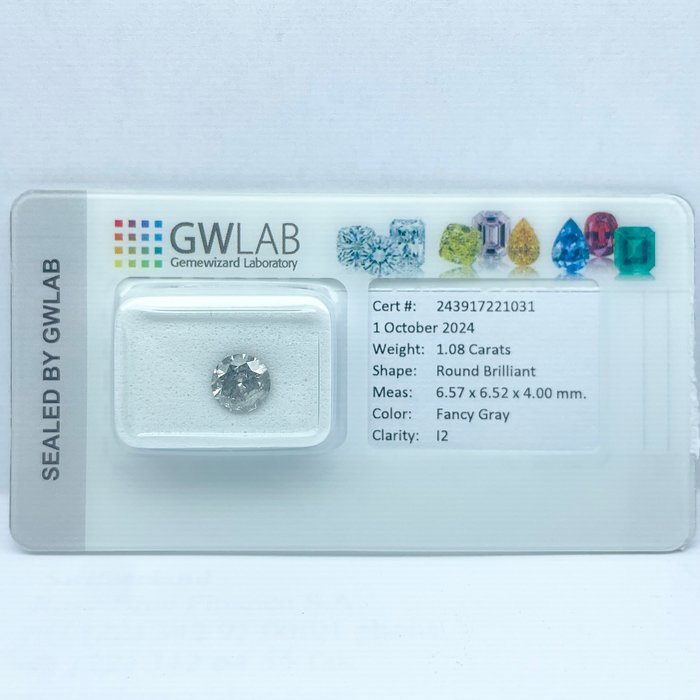 Ingen mindstepris - 1 pcs Diamant  (Naturfarvet)  - 1.08 ct - Rund - Fancy Grå - I2 - Gemewizard Gemological Laboratory (GWLab)