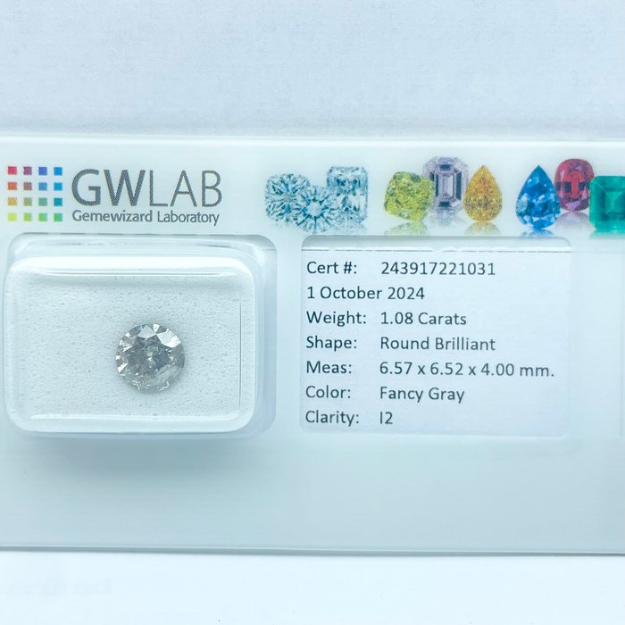 Ingen mindstepris - 1 pcs Diamant  (Naturfarvet)  - 1.08 ct - Rund - Fancy Grå - I2 - Gemewizard Gemological Laboratory (GWLab)