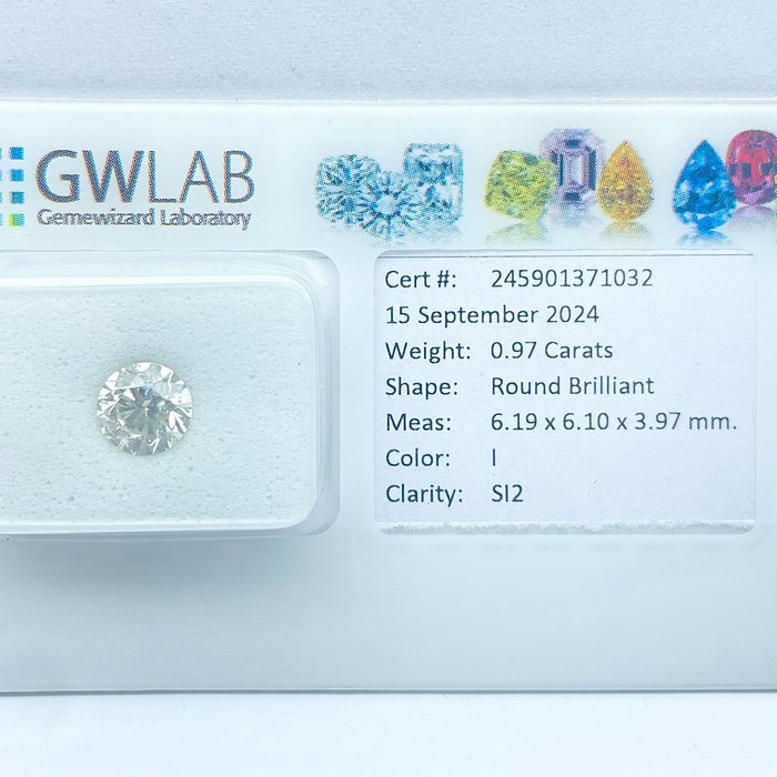 Ingen mindstepris - 1 pcs Diamant  (Natur)  - 0.97 ct - Rund - I - SI2 - Gemewizard Gemological Laboratory (GWLab)