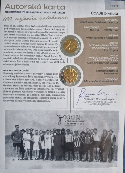 Slovakiet. 2 Euro 2024 "Košice International Marathon" signed by the author  (Ingen mindstepris)