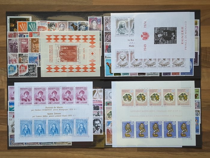 Monaco 1973/1976 - 4 hele år med frimærker med luftpost, souvenirark og forhåndsstemplet - Yvert 916 à 1018 sans les timbres non émis, PA 96 à 99, BF 8 à 12, Préo 34 à 45