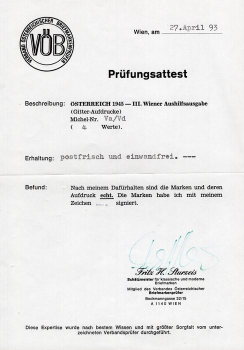 Østrig 1945 - III. Wiens midlertidige udgave Mærkeværdier fuldført, certifikat - ANK (9)-(12)