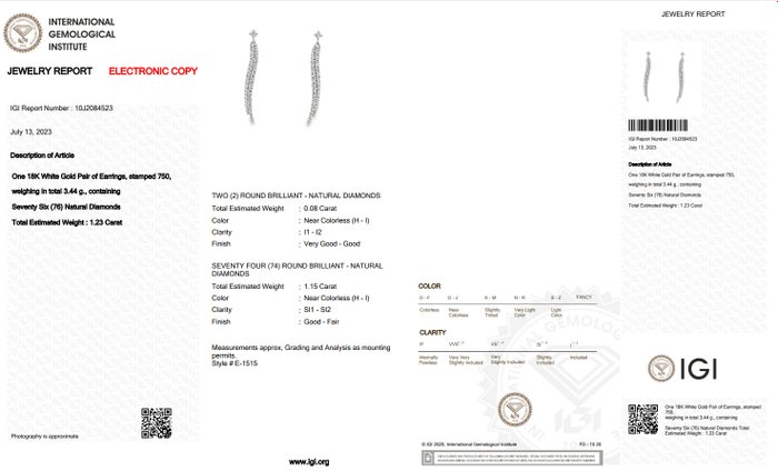 Øreringe - 18 kraat Hvidguld -  1.23ct. tw. Diamant (Natur) - Diamant