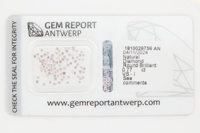 Ingen mindstepris - 94 pcs Diamant  (Natur)  - 0.77 ct - Rund - I1, I2, I3, SI1, SI2, VS1, VS2 - Gem Report Antwerp (GRA) - INGEN RESERVEPRIS