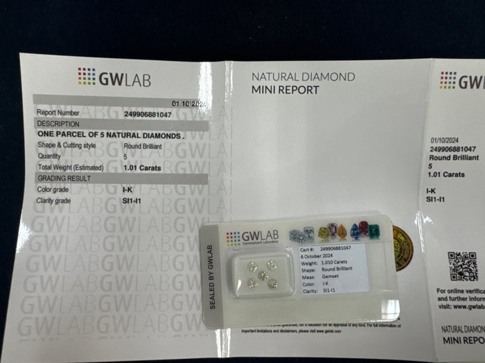 Ingen mindstepris - 5 pcs Diamant  (Natur)  - 1.01 ct - Rund - I, J, K - I1, SI1, SI2 - Gemewizard Gemological Laboratory (GWLab)