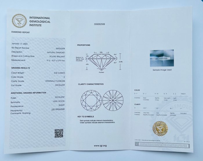 1 pcs Diamant  (Natur)  - 3.02 ct - Rund - E - IF - International Gemological Institute (IGI)