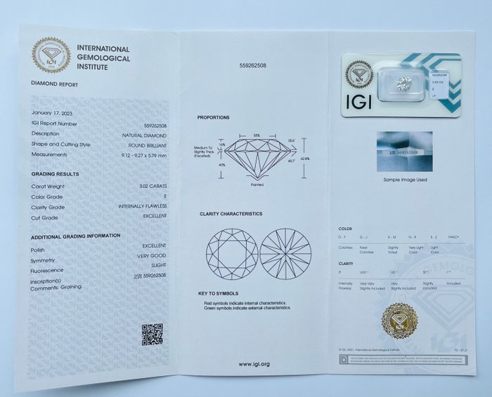 1 pcs Diamant  (Natur)  - 3.02 ct - Rund - E - IF - International Gemological Institute (IGI)