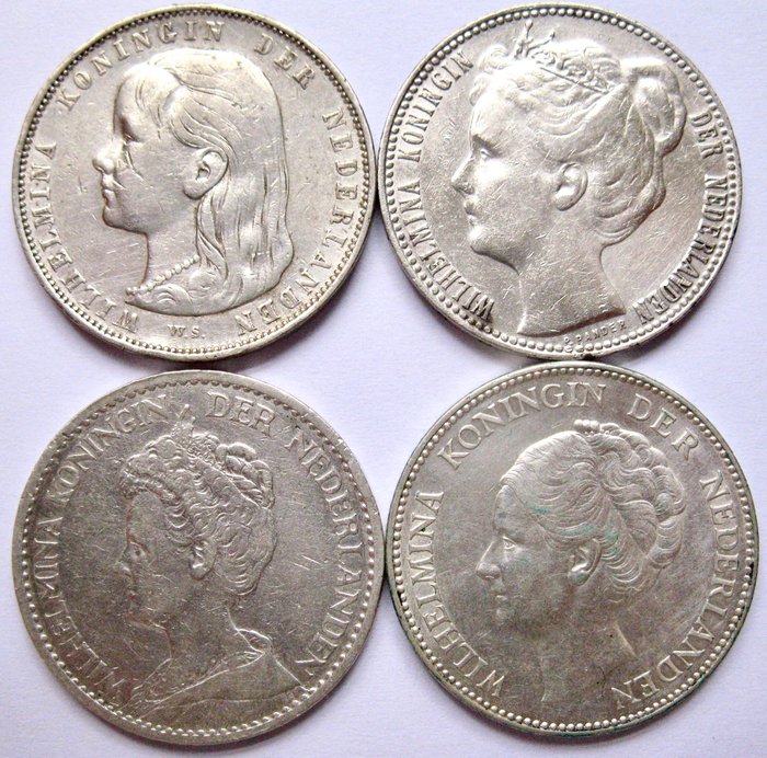 Holland. Wilhelmina. 1 Gulden 1892 1908 1913 en 1931 - 4 verschillende types  (Ingen mindstepris)