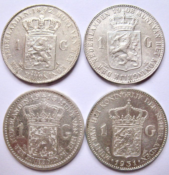 Holland. Wilhelmina. 1 Gulden 1892 1908 1913 en 1931 - 4 verschillende types  (Ingen mindstepris)