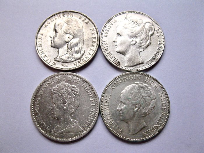 Holland. Wilhelmina. 1 Gulden 1892 1908 1913 en 1931 - 4 verschillende types  (Ingen mindstepris)