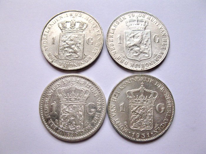 Holland. Wilhelmina. 1 Gulden 1892 1908 1913 en 1931 - 4 verschillende types  (Ingen mindstepris)