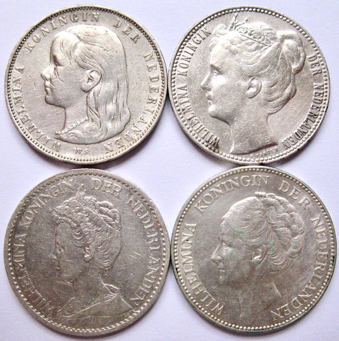 Holland. Wilhelmina. 1 Gulden 1892 1908 1913 en 1931 - 4 verschillende types  (Ingen mindstepris)