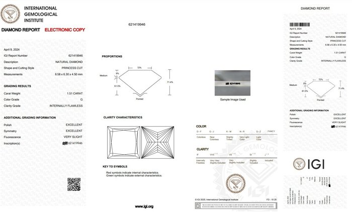 Ingen mindstepris - 1 pcs Diamant  (Natur)  - 1.51 ct - Kvadrat - G - IF - International Gemological Institute (IGI)