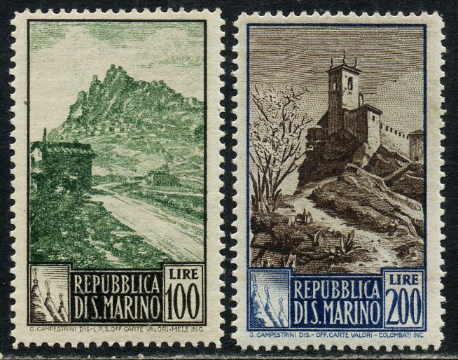 San Marino 1949 - Landskaber L. 100 og 200 takkede 13 x 14. Meget centreret, luksus. - Sassone 354/I+355/I