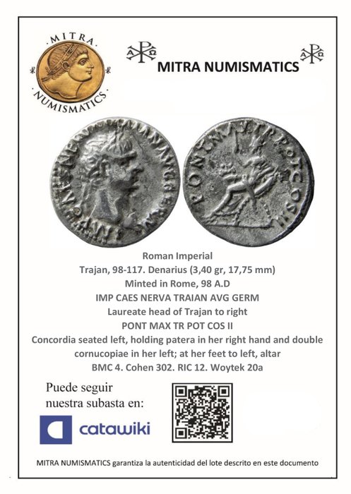 Romarriket. Trajan (AD 98-117). Denarius minted in Rome, 98 A.D. PONT MAX TR POT COS II Concordia  (Ingen mindstepris)