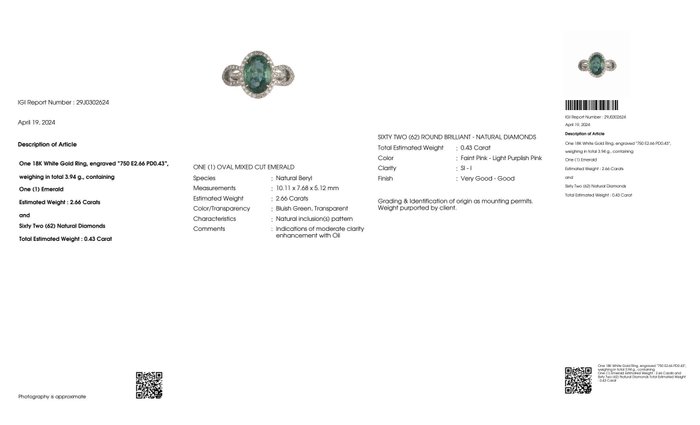 Ingen mindstepris - Ring - 18 kraat Hvidguld -  3.09ct. tw. Smaragd - Diamant - IGI 2,66 ct blålig grøn