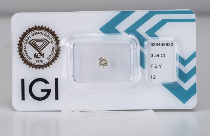 Ingen mindstepris - 1 pcs Diamant  (Naturfarvet)  - 0.34 ct - Rund - Fancy Brun Gul - I2 - International Gemological Institute (IGI) - Fancy Brun Gul