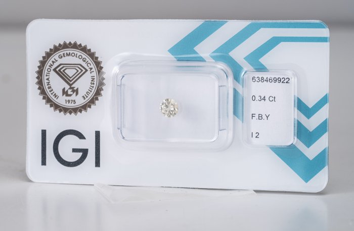 Ingen mindstepris - 1 pcs Diamant  (Naturfarvet)  - 0.34 ct - Rund - Fancy Brun Gul - I2 - International Gemological Institute (IGI) - Fancy Brun Gul