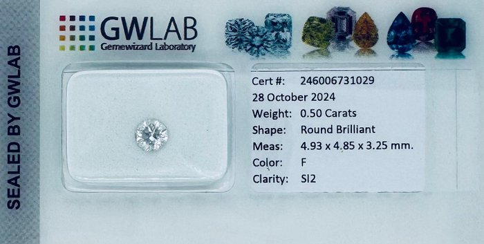 Ingen mindstepris - 1 pcs Diamant  (Natur)  - 0.50 ct - Rund - F - SI2 - Gemewizard Gemological Laboratory (GWLab)