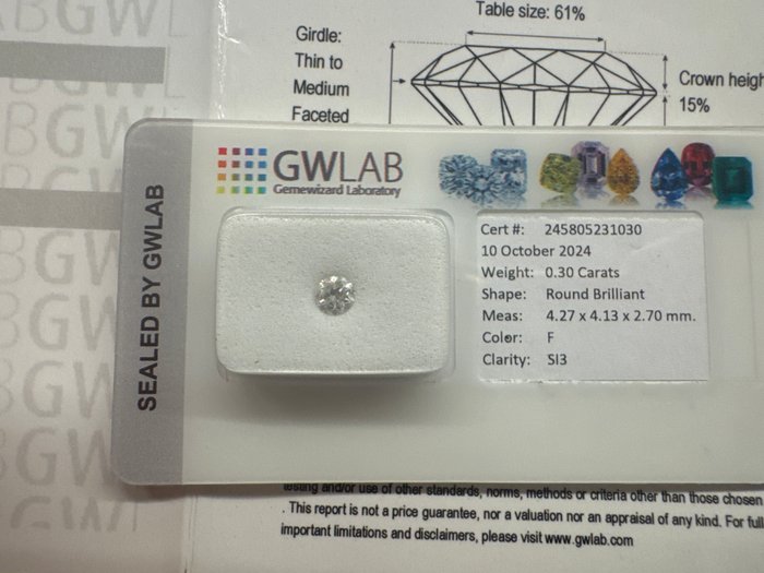 Ingen mindstepris - 1 pcs Diamant  (Natur)  - 0.30 ct - Rund - F - SI3 - Gemewizard Gemological Laboratory (GWLab)