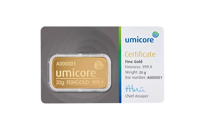 20 gram - Guld 999 - Umicore, Belgium - Forseglet  Med certifikat