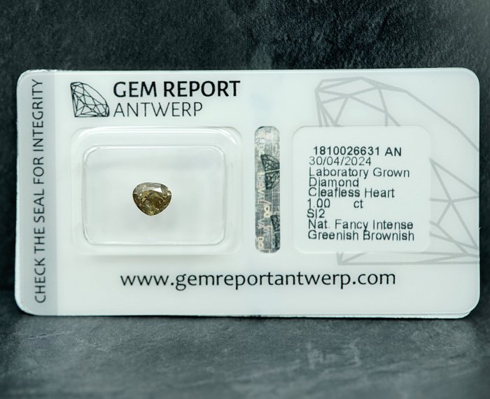 1 pcs Diamant  (Naturfarvet)  - 1.00 ct - Fancy intense Brunlig, Grønlig Gul - SI2 - Gem Report Antwerp (GRA)