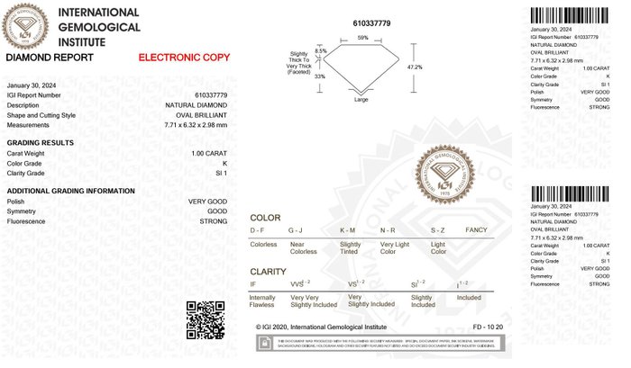 1 pcs Diamant  (Natur)  - 1.00 ct - Oval - K - SI1 - International Gemological Institute (IGI)