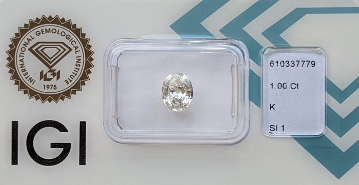 1 pcs Diamant  (Natur)  - 1.00 ct - Oval - K - SI1 - International Gemological Institute (IGI)