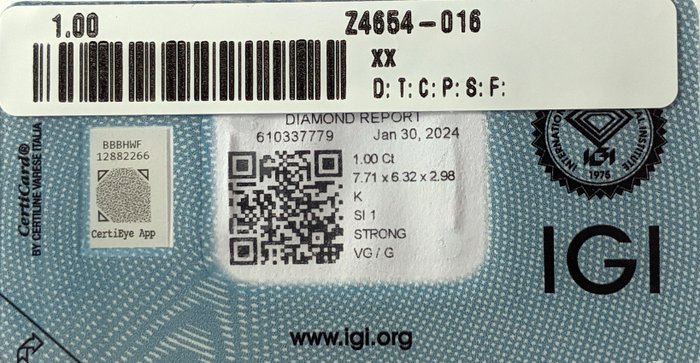 1 pcs Diamant  (Natur)  - 1.00 ct - Oval - K - SI1 - International Gemological Institute (IGI)