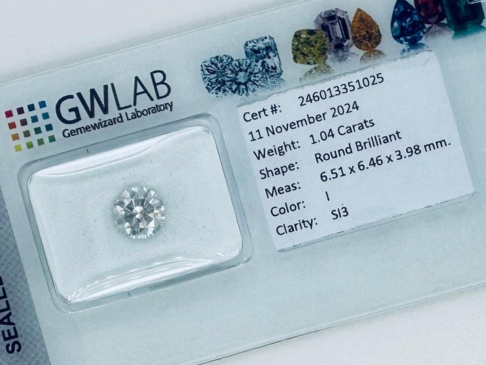 Ingen mindstepris - 1 pcs Diamant  (Natur)  - 1.04 ct - Rund - I - SI3 - Gemewizard Gemological Laboratory (GWLab)