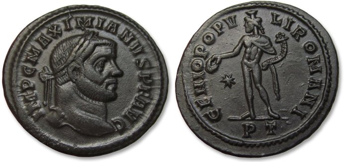 Romarriket Maximian (AD 286-305) Follis Ticinum (Pavia) 296-297 AD - mintmark PT star in field - large 29mm coin