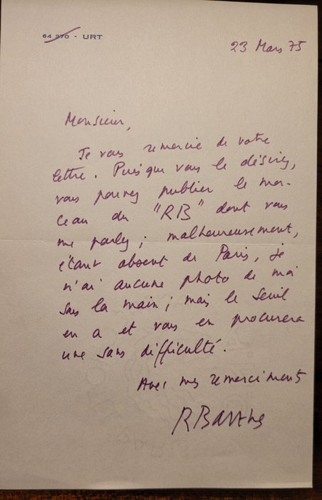 Roland Barthes - Lettre autographe signée - 1975