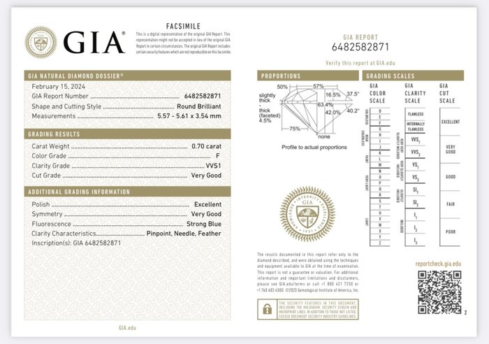 1 pcs Diamant  (Natur)  - 0.70 ct - Rund - F - VVS1 - Gemological Institute of America (GIA)