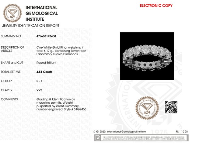 Ring - 18 kraat Hvidguld -  4.51ct. tw. Diamant (Laboratoriedyrket)