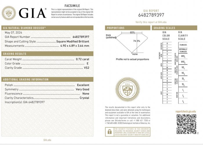 1 pcs Diamant  (Natur)  - 0.72 ct - Kvadrat - E - VS2 - Gemological Institute of America (GIA)