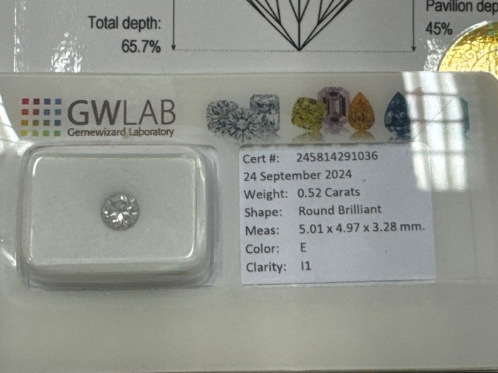 Ingen mindstepris - 1 pcs Diamant  (Natur)  - 0.52 ct - Rund - E - I1 - Gemewizard Gemological Laboratory (GWLab)