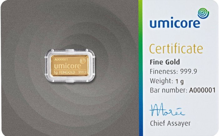 1 gram - Guld 999 - Umicore, Belgium - Forseglet  Med certifikat  (Ingen mindstepris)