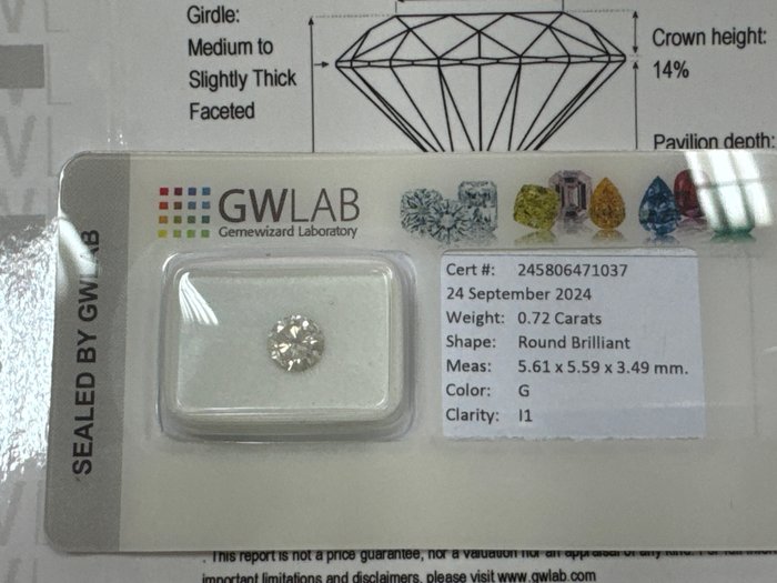 Ingen mindstepris - 1 pcs Diamant  (Natur)  - 0.72 ct - Rund - G - I1 - Gemewizard Gemological Laboratory (GWLab)