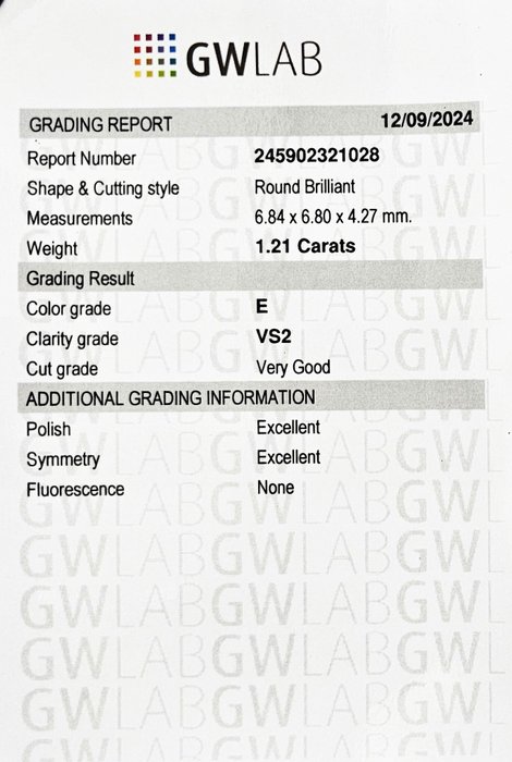 1 pcs Diamant  (Natur)  - 1.21 ct - Rund - E - VS2 - Gemewizard Gemological Laboratory (GWLab)