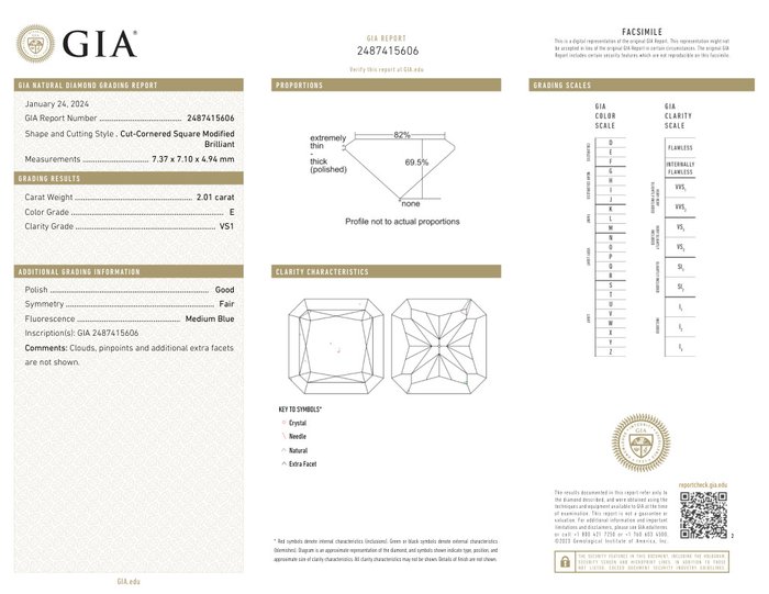 1 pcs Diamant  (Natur)  - 2.01 ct - Radiant - E - VS1 - Gemological Institute of America (GIA)