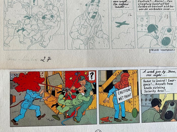 Hergé - 1 Print - Tintin - Objectif lune - bleu d imprimerie avec texte écrit  à l encre de Chine  - Verso cachet journal