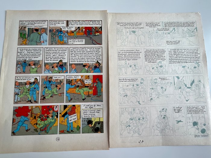 Hergé - 1 Print - Tintin - Objectif lune - bleu d imprimerie avec texte écrit  à l encre de Chine  - Verso cachet journal